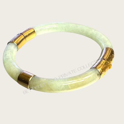Vintage 14K Gold & Natural Celadon Jade Hinged Bangle Bracelet | Private Collection