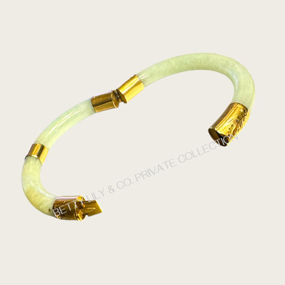 Vintage 14K Gold & Natural Celadon Jade Hinged Bangle Bracelet | Private Collection