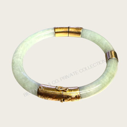 Vintage 14K Gold & Natural Celadon Jade Hinged Bangle Bracelet | Private Collection