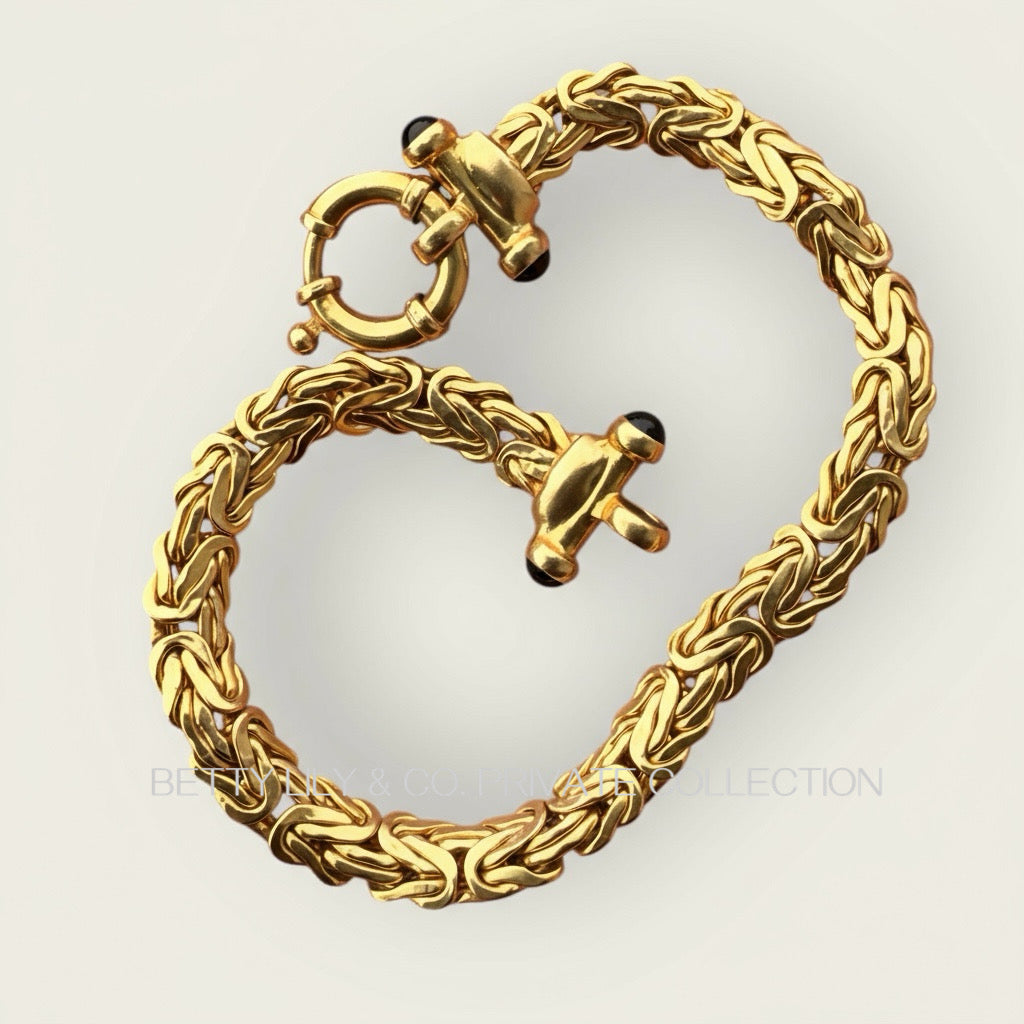 Vintage 14K Gold Wheat Chain Bracelet with Black Cabochon End Caps – 7.5” | Private Collection