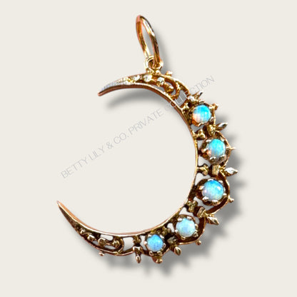 Vintage 14K Solid Yellow Gold Crescent Moon Charm with Natural Opals | Private Collection