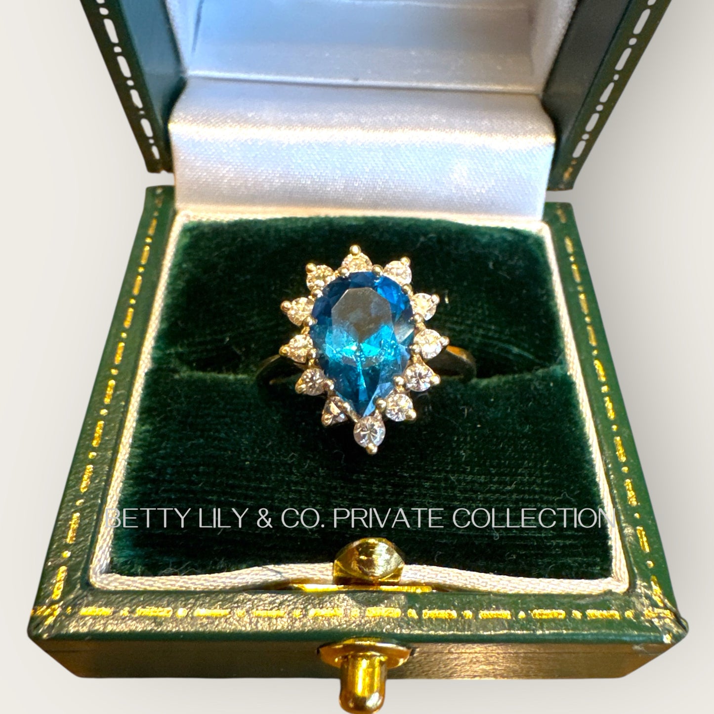 Vintage Solid 14K Yellow Gold Pear-Cut Blue Topaz & Diamond Halo Ring – Size 6 | Private Collection