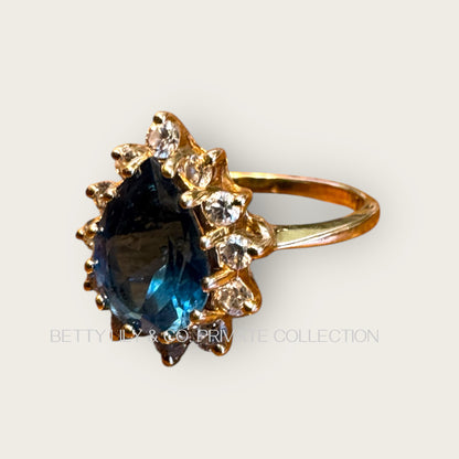 Vintage Solid 14K Yellow Gold Pear-Cut Blue Topaz & Diamond Halo Ring – Size 6 | Private Collection