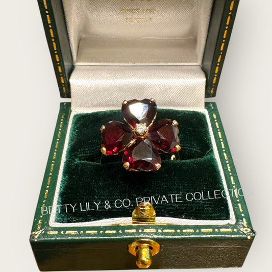 Vintage 14K Gold Heart-Shaped Garnet Floral Ring with Diamond Center | Private Collection