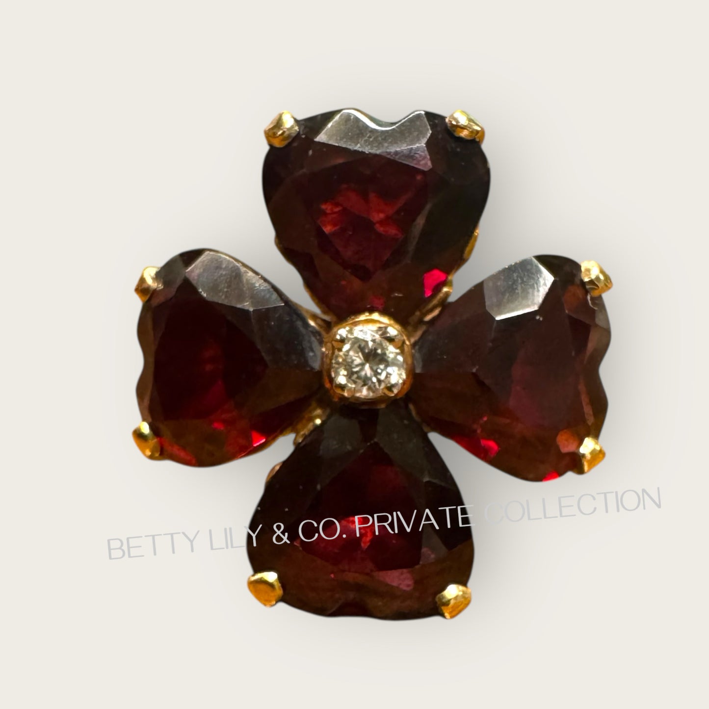 Vintage 14K Gold Heart-Shaped Garnet Floral Ring with Diamond Center | Private Collection