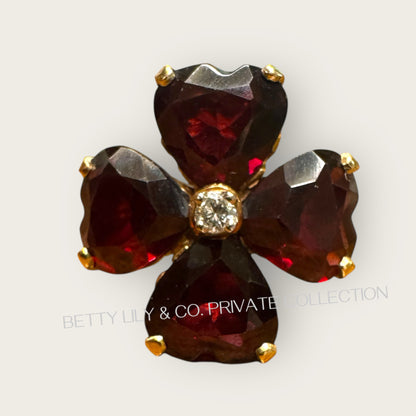 Vintage 14K Gold Heart-Shaped Garnet Floral Ring with Diamond Center | Private Collection