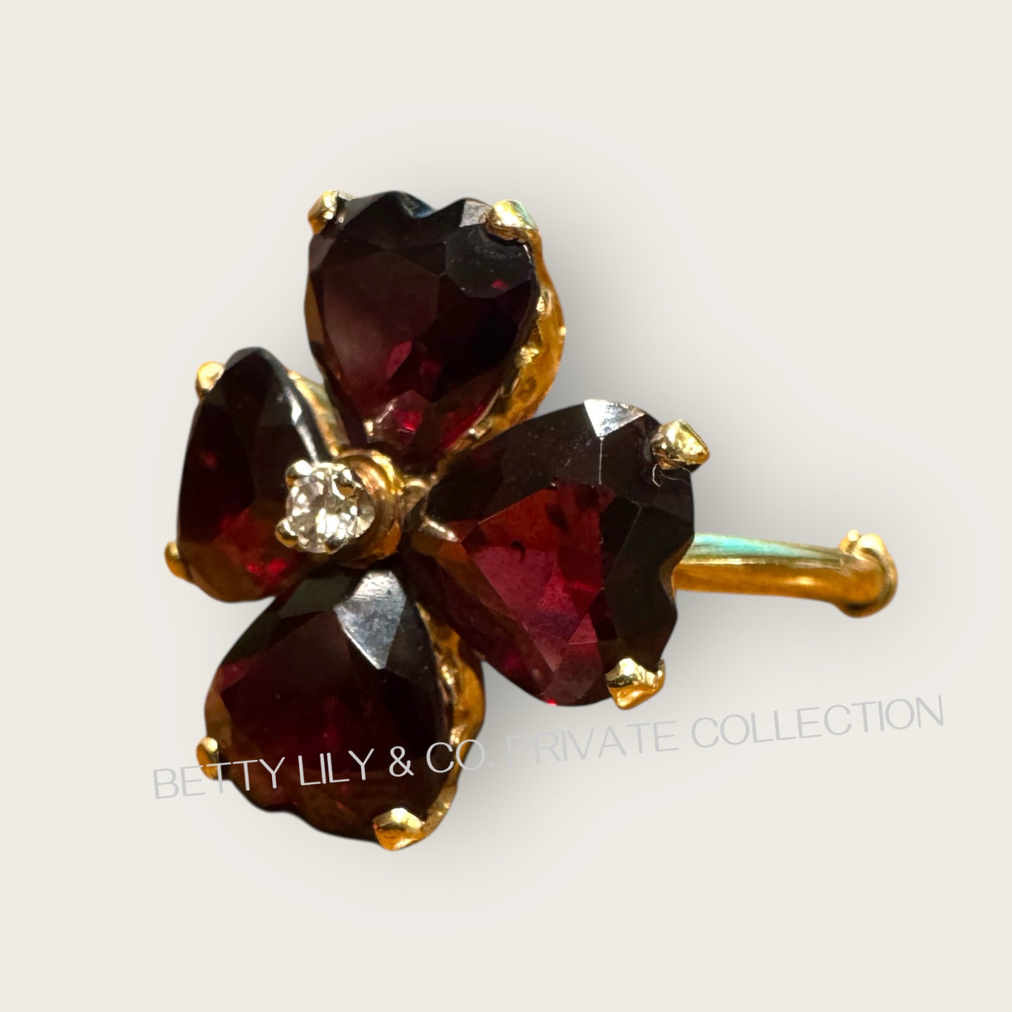 Vintage 14K Gold Heart-Shaped Garnet Floral Ring with Diamond Center | Private Collection