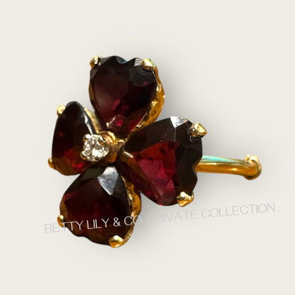Vintage 14K Gold Heart-Shaped Garnet Floral Ring with Diamond Center | Private Collection