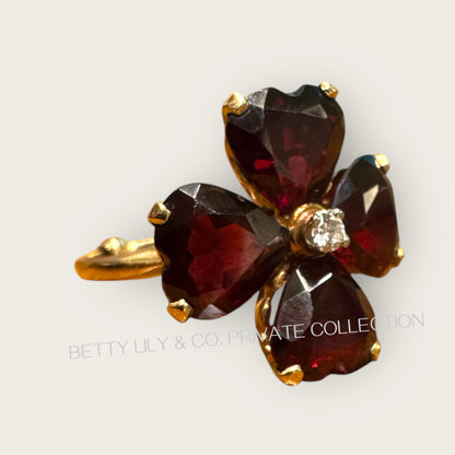 Vintage 14K Gold Heart-Shaped Garnet Floral Ring with Diamond Center | Private Collection