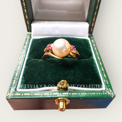 Vintage 18K Yellow Gold Pearl & Pink Spinel Bypass Ring | Private Collection