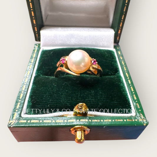 Vintage 18K Yellow Gold Pearl & Pink Spinel Bypass Ring | Private Collection