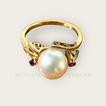 Vintage 18K Yellow Gold Pearl & Pink Spinel Bypass Ring | Private Collection