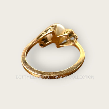 Vintage 18K Yellow Gold Pearl & Pink Spinel Bypass Ring | Private Collection