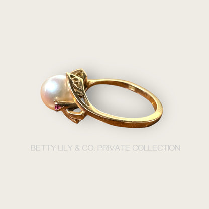 Vintage 18K Yellow Gold Pearl & Pink Spinel Bypass Ring | Private Collection