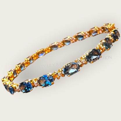 Vintage 14k Gold Blue Topaz & Diamond Tennis Bracelet — 8 Inch Fine Estate Jewelry | Private Collection
