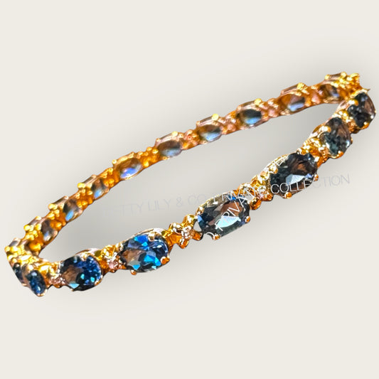 Vintage 14k Gold Blue Topaz & Diamond Tennis Bracelet — 8 Inch Fine Estate Jewelry | Private Collection