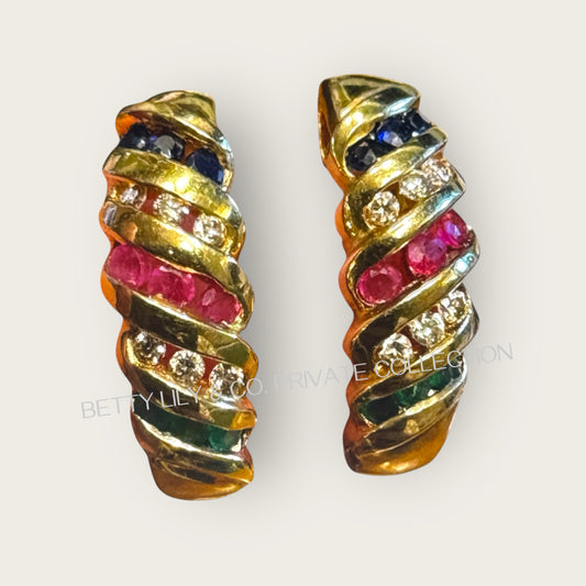 Vintage Multi-Gemstone Estate Huggie Earrings in 10K Gold – Sapphire, Diamond, Ruby & Emerald | Private Collection