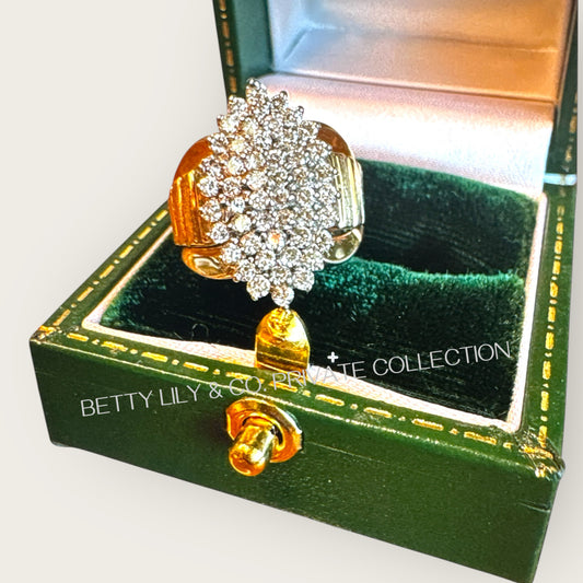 Vintage 10K White & Yellow Gold Clear Sapphire Cluster Ring – Size 5–5.25, Estate Raised Dome Cocktail Ring