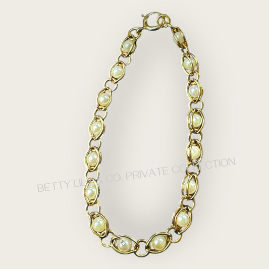 14K Yellow Gold Caged Cultured Pearl Bracelet – Mid-Century Grace & Golden Luster | Private Collection