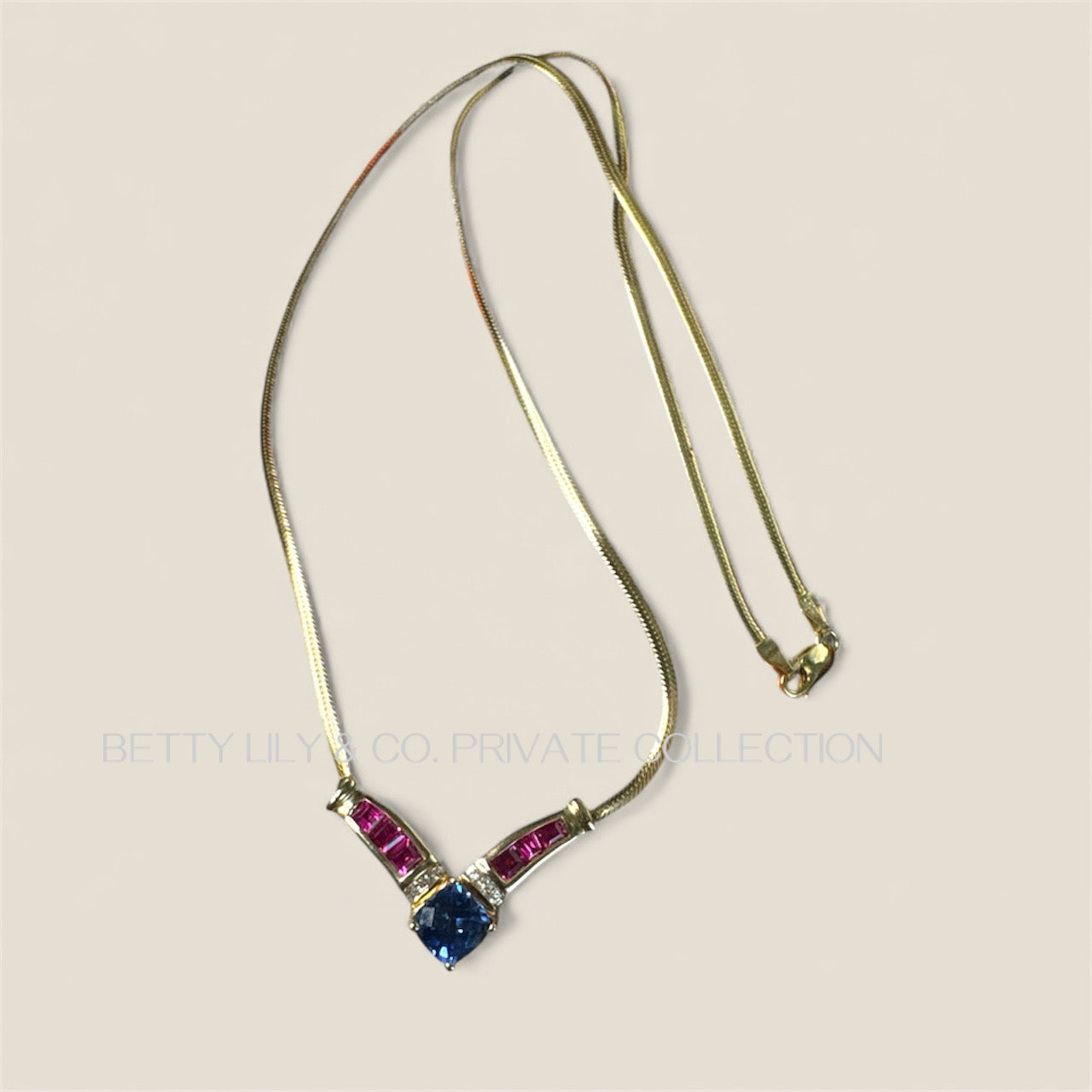 Vintage 10K Yellow Gold Sapphire & Diamond V Necklace | Private Collection