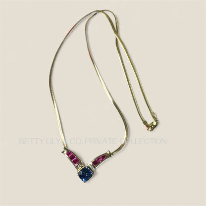 Vintage 10K Yellow Gold Sapphire & Diamond V Necklace | Private Collection