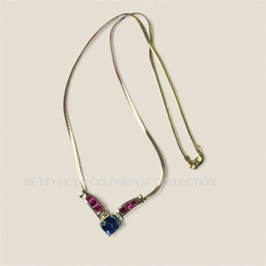 Vintage 10K Yellow Gold Sapphire & Diamond V Necklace | Private Collection