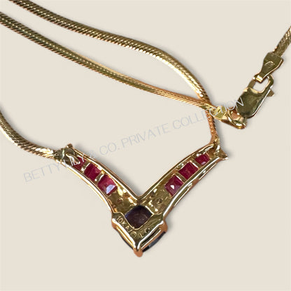 Vintage 10K Yellow Gold Sapphire & Diamond V Necklace | Private Collection