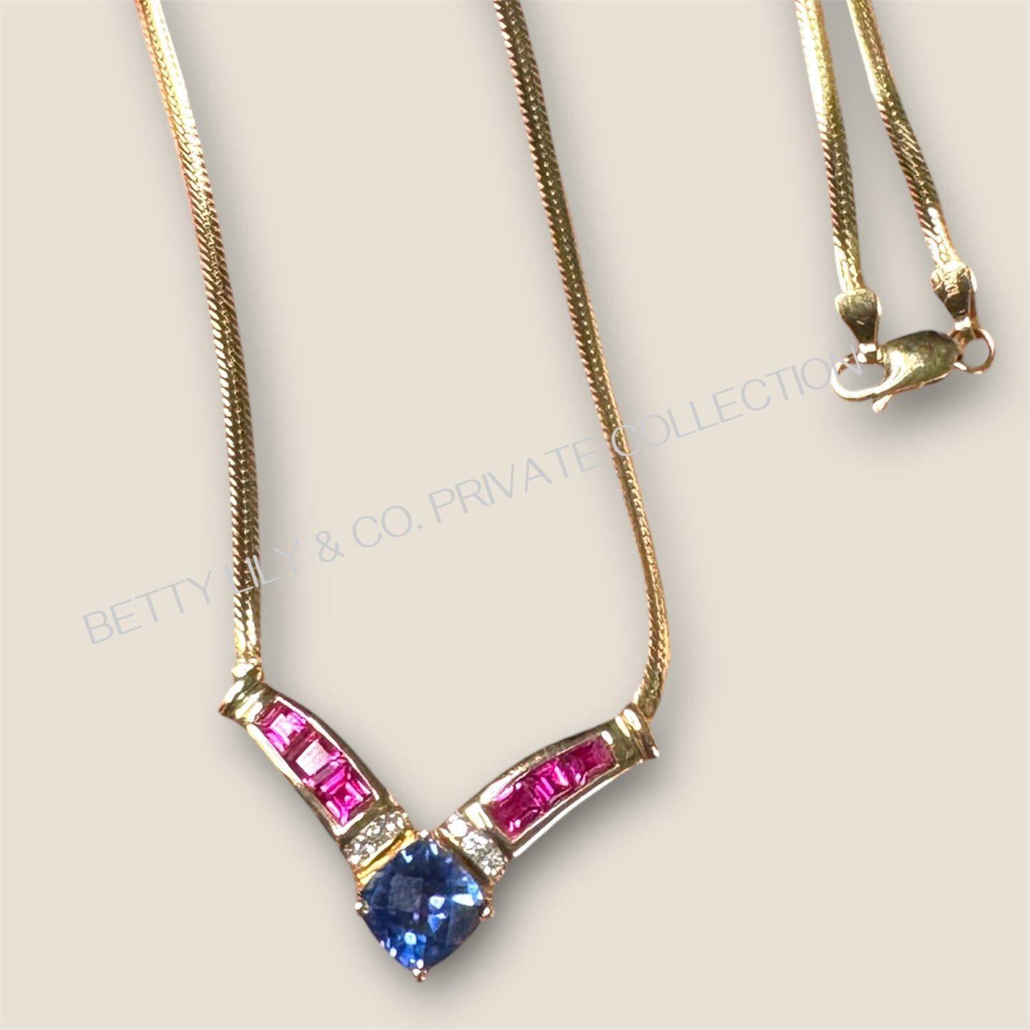 Vintage 10K Yellow Gold Sapphire & Diamond V Necklace | Private Collection
