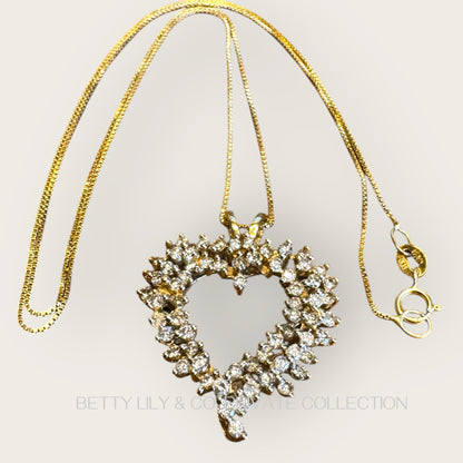 14K Yellow Gold Diamond Cluster Heart Pendant with Box Link Chain | Private Collection