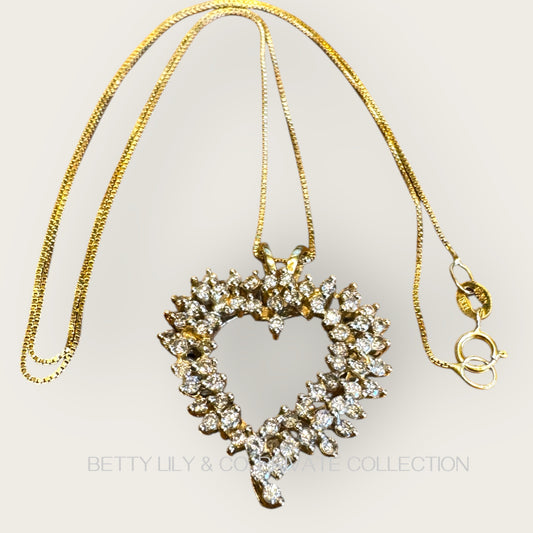 14K Yellow Gold Diamond Cluster Heart Pendant with Box Link Chain | Private Collection