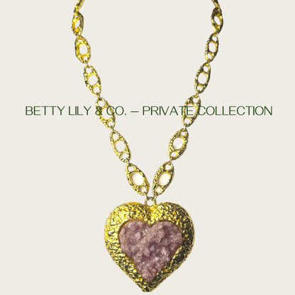 Rare Vintage Kenneth Jay Lane Couture Heart Necklace – Sculptural Purple Druzy, Gold Open Link Chain, Signed | Private Collection