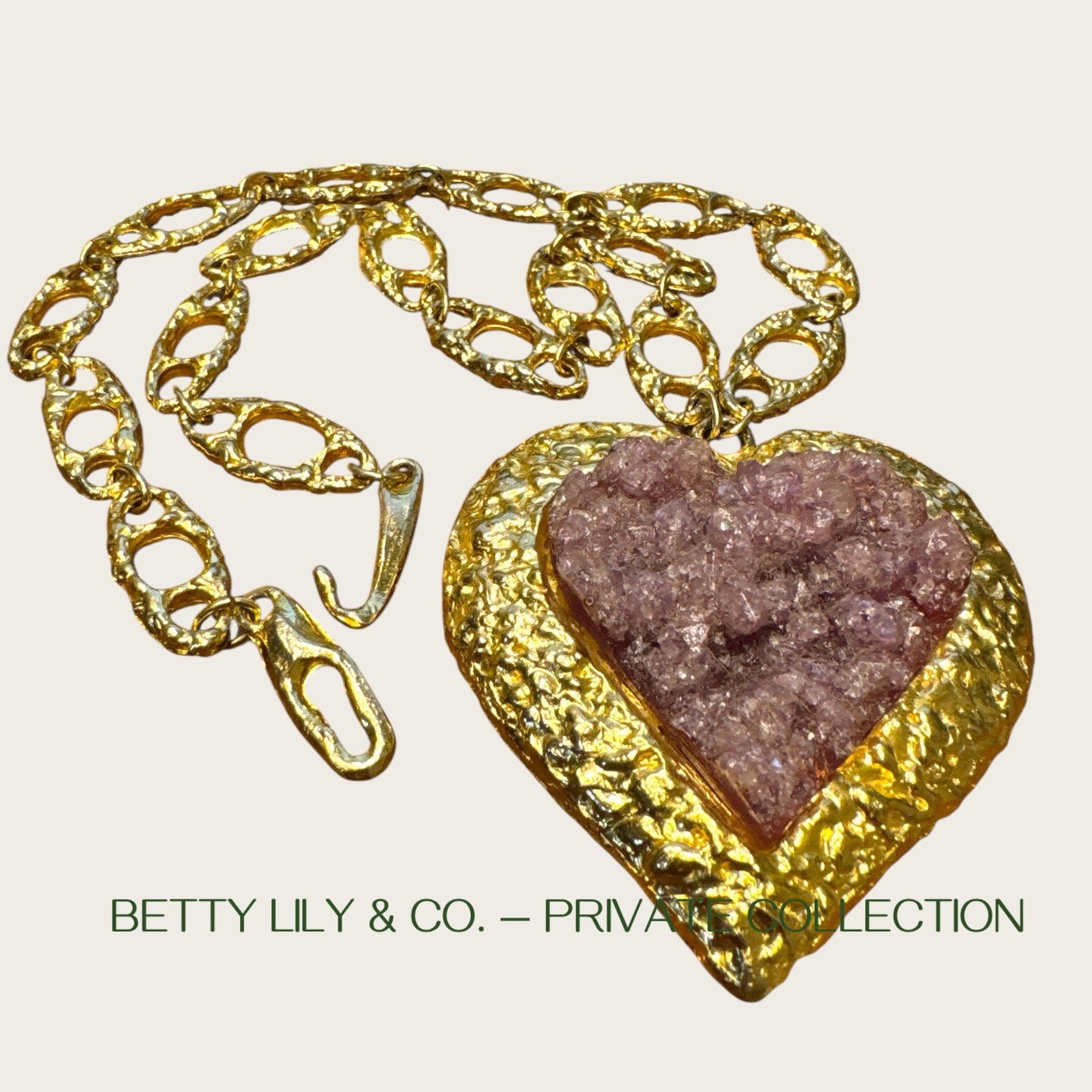 Rare Vintage Kenneth Jay Lane Couture Heart Necklace – Sculptural Purple Druzy, Gold Open Link Chain, Signed | Private Collection