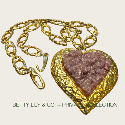 Rare Vintage Kenneth Jay Lane Couture Heart Necklace – Sculptural Purple Druzy, Gold Open Link Chain, Signed | Private Collection