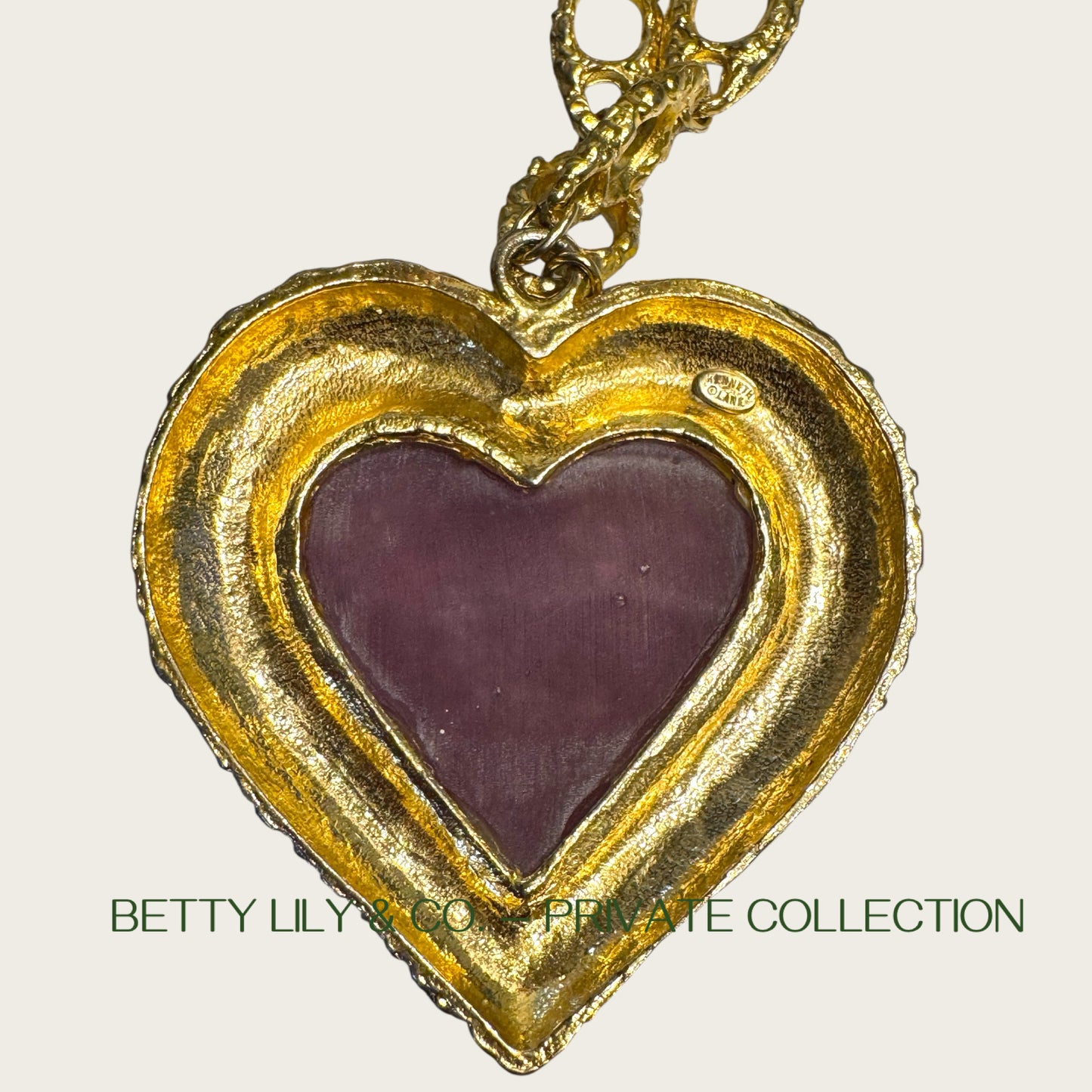 Rare Vintage Kenneth Jay Lane Couture Heart Necklace – Sculptural Purple Druzy, Gold Open Link Chain, Signed | Private Collection