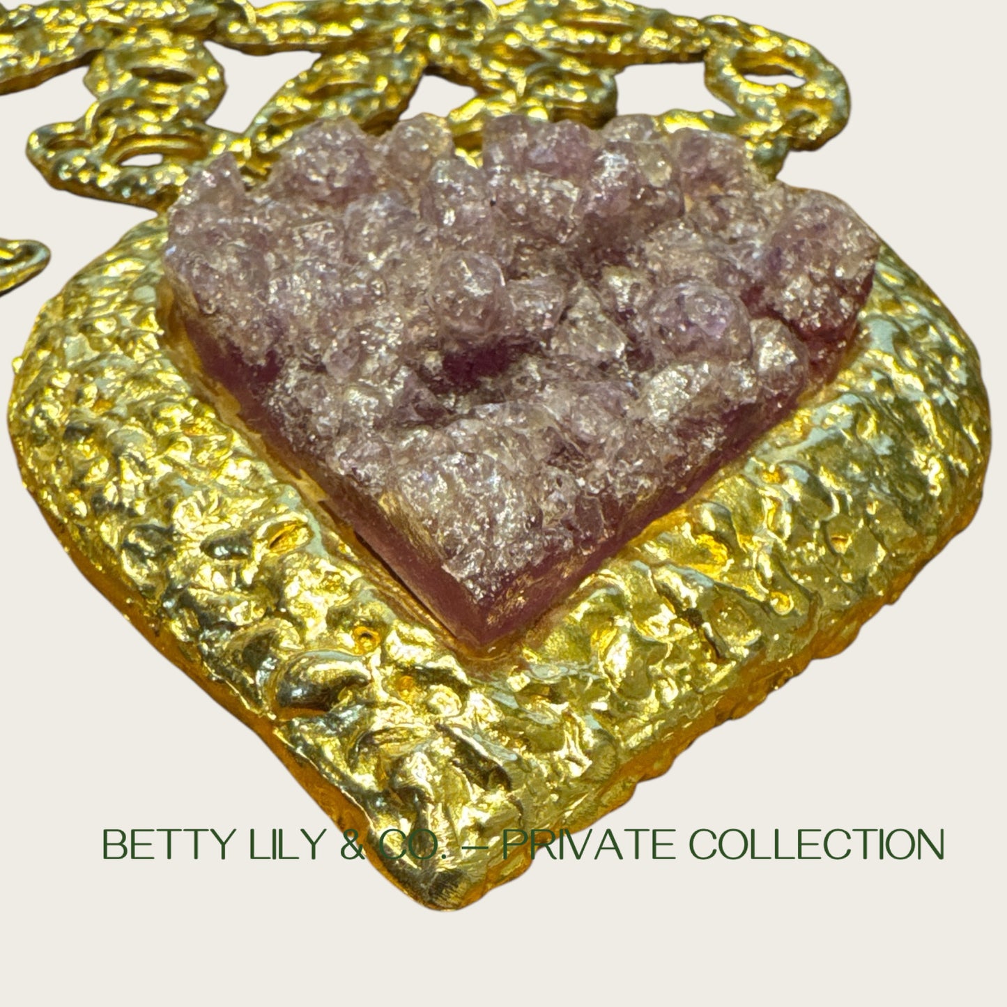Rare Vintage Kenneth Jay Lane Couture Heart Necklace – Sculptural Purple Druzy, Gold Open Link Chain, Signed | Private Collection