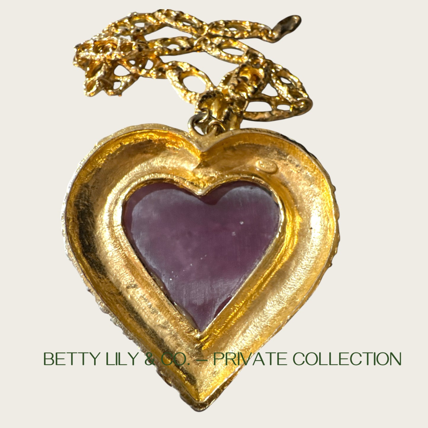 Rare Vintage Kenneth Jay Lane Couture Heart Necklace – Sculptural Purple Druzy, Gold Open Link Chain, Signed | Private Collection
