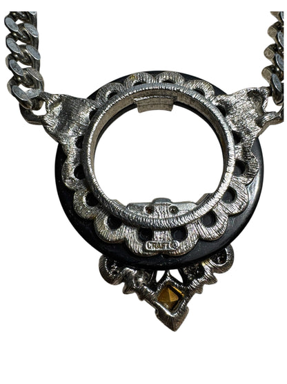 Vintage CRAFT signed Art Deco revival statement necklace – black lucite, rhinestones & crystal – 1970s–80s bold couture jewelry