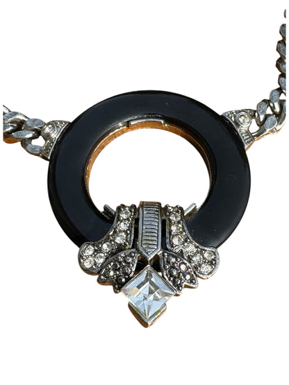 Vintage CRAFT signed Art Deco revival statement necklace – black lucite, rhinestones & crystal – 1970s–80s bold couture jewelry