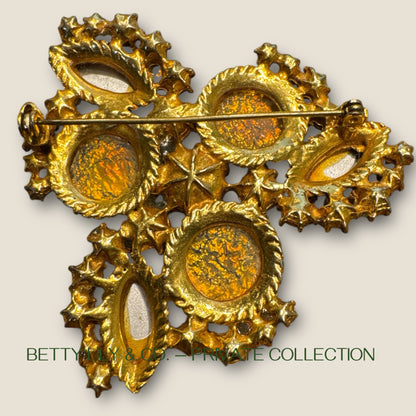 Vintage Confetti Lava Glass Cabochon & Aurora Borealis Rhinestone Brooch – Mid-Century Designer Statement | Private Collection