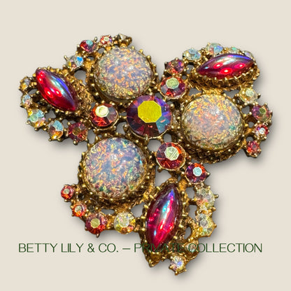 Vintage Confetti Lava Glass Cabochon & Aurora Borealis Rhinestone Brooch – Mid-Century Designer Statement | Private Collection