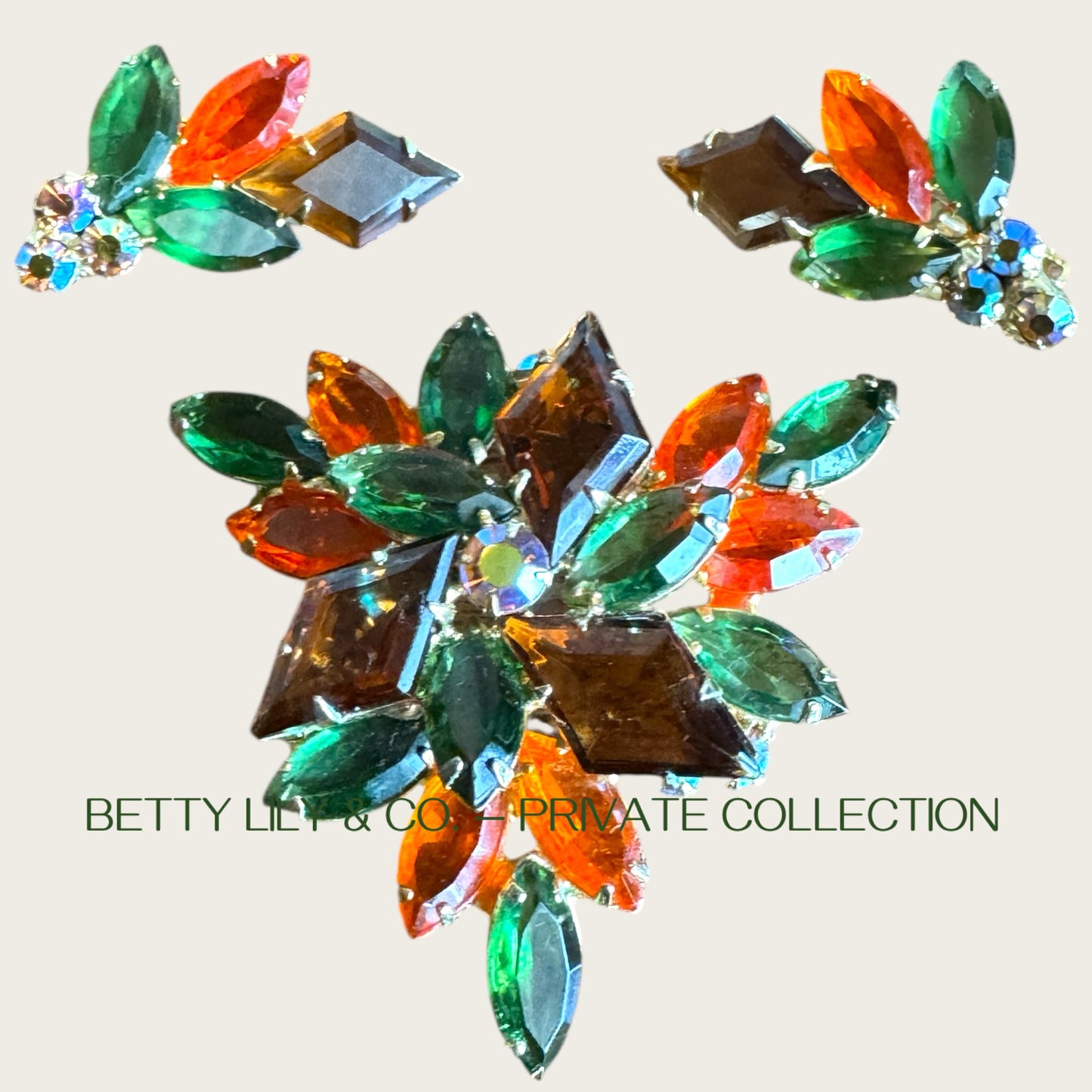 Juliana Verified Demi-Parure with Brooch and Clip-On Earrings | Autumn Rhinestones | Book Piece | Private Collection