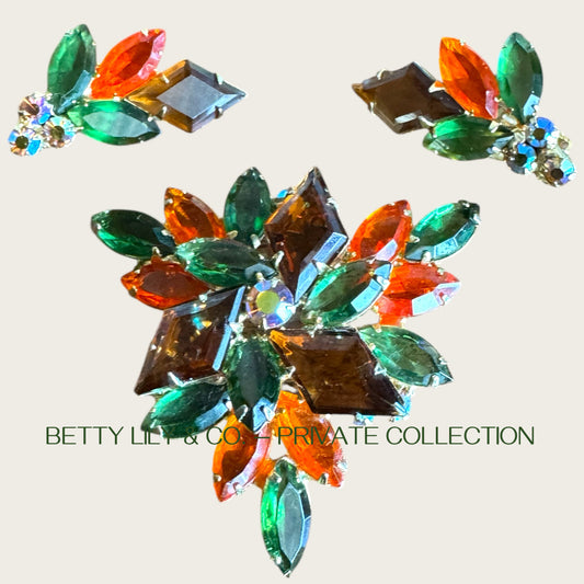 Juliana Verified Demi-Parure with Brooch and Clip-On Earrings | Autumn Rhinestones | Book Piece | Private Collection