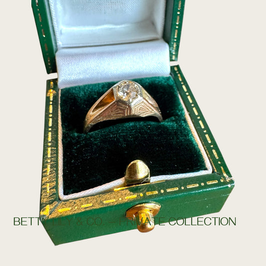 Art Deco 14K Gold Natural Diamond Gent’s Ring – Hexagonal Setting, WWP Maker’s Mark, 0.75ct | Private Collection
