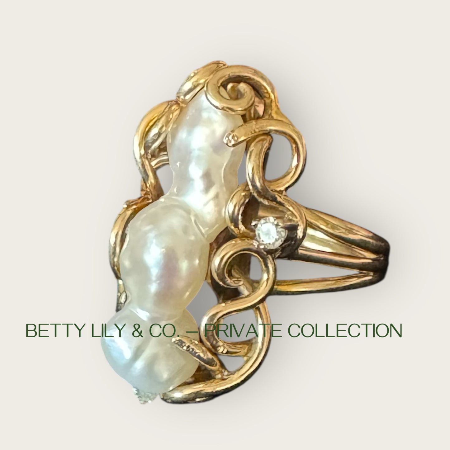 14k Gold Baroque Natural Pearl & Diamond Ring | Private Collection