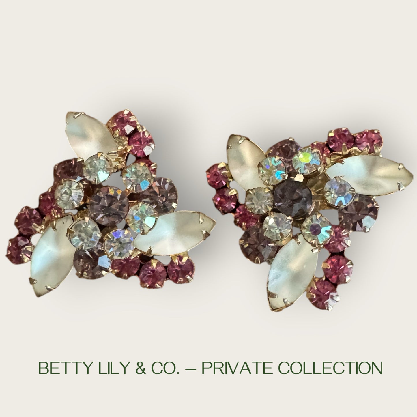 Verified Juliana Frosted Navette Lavender & Pink Rhinestone Brooch and Earrings Set – 1960s | Private Collection