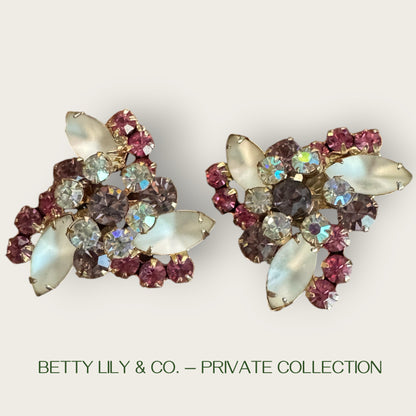 Verified Juliana Frosted Navette Lavender & Pink Rhinestone Brooch and Earrings Set – 1960s | Private Collection