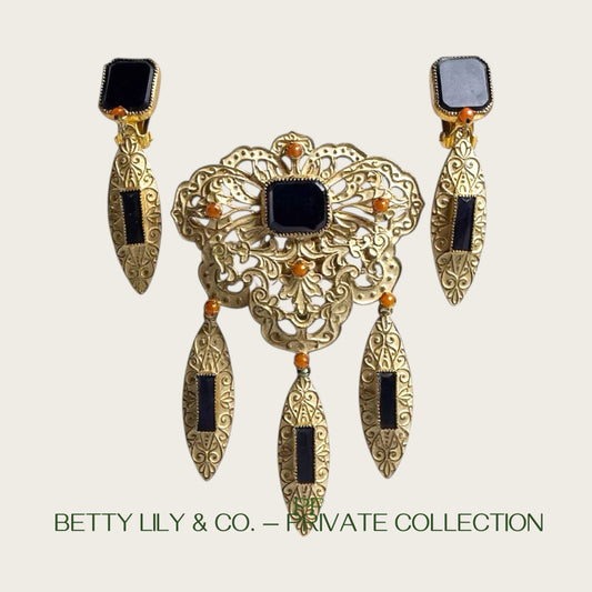 Signed Alice Caviness Vintage Filigree Brooch & Earrings Set | Cobalt Glass & Coral Beads | 1950s Painted Gold Statement Jewelry | Private Collection