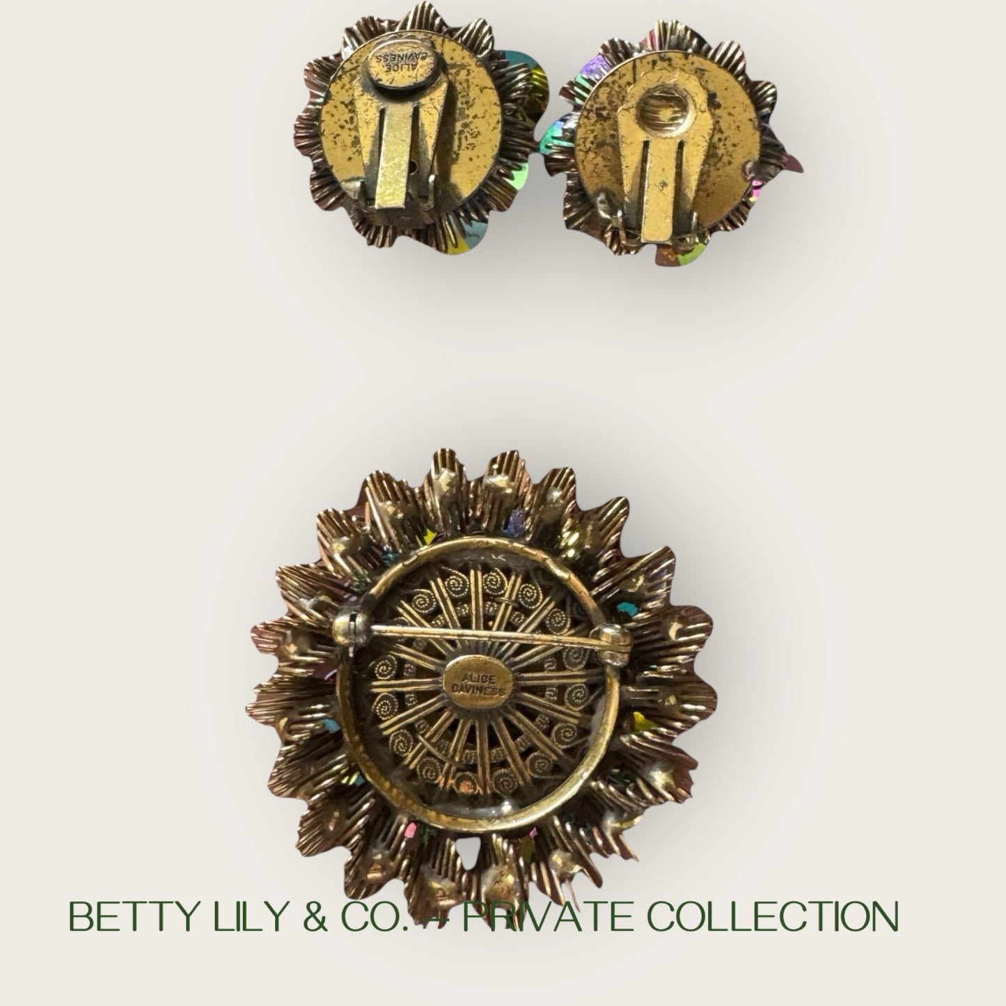 Vintage Singed Alice Caviness Watermelon Rivoli Starburst Brooch & Earrings | Private Collection
