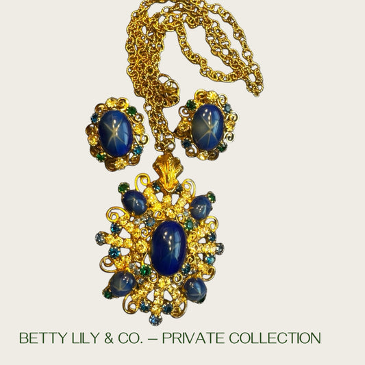 Vintage Star Sapphire Glass Cabochon Necklace & Earring Set – Emerald, Aqua & Crystal Rhinestones – Ornate Gold Filigree Statement | Private Collection