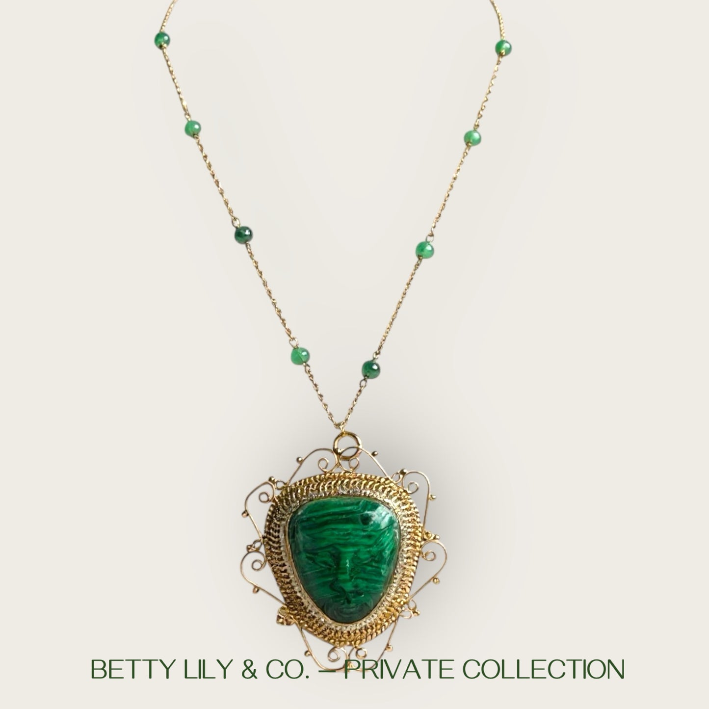 14K Gold Malachite Carved Face Pendant Brooch with Seed Pearls & Emerald Station Chain | Private Collection